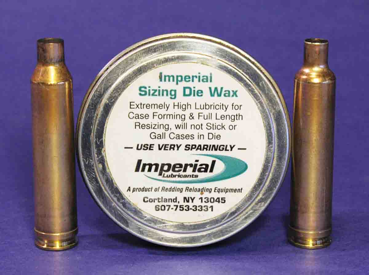 Brass for the .257 Weatherby can be easily formed from full-length die. Outside-chamfering the case mouth and lubing with Redding Imperial Sizing Die Wax make it easy.